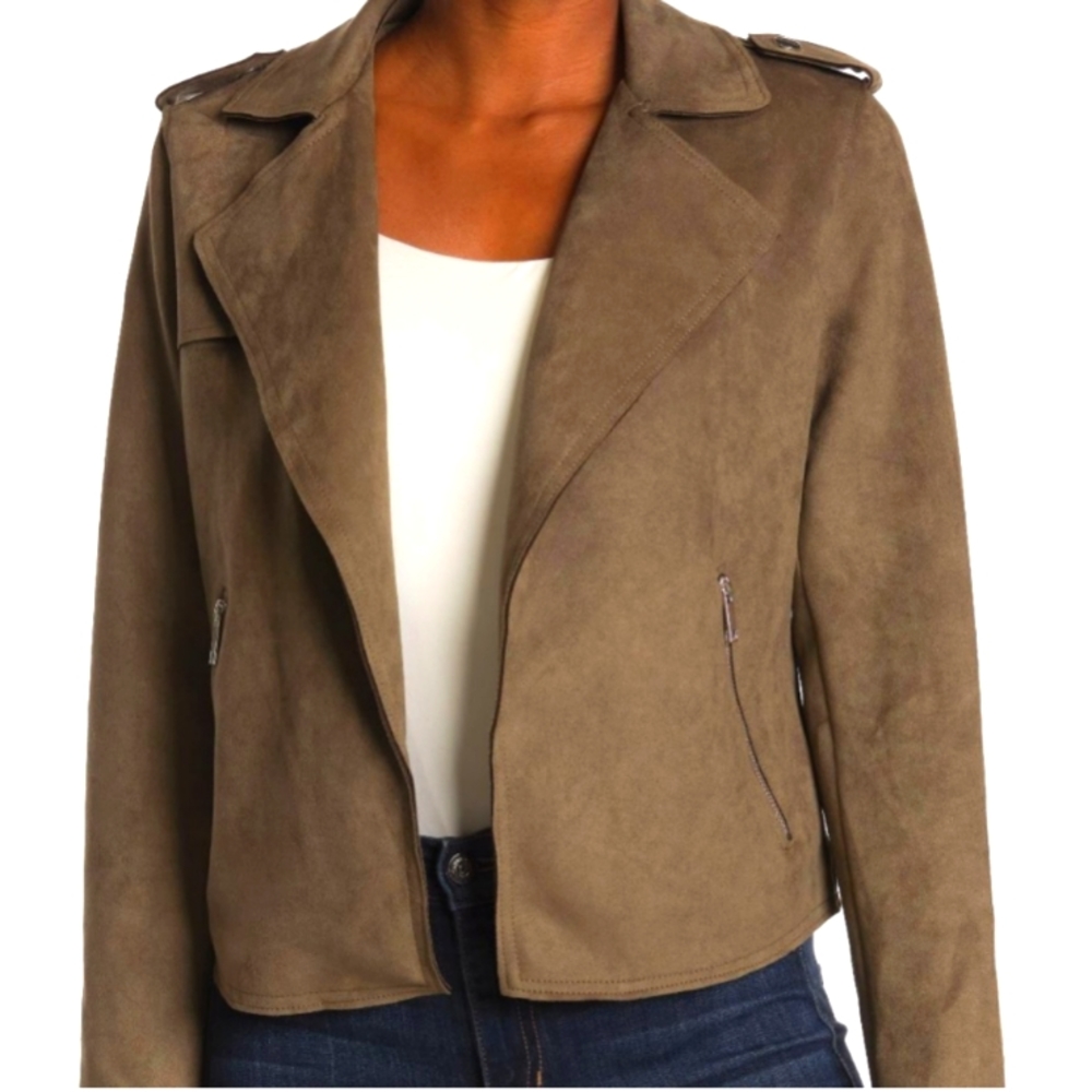 TAHARI faux suede cropped moto jacket • medium / olive